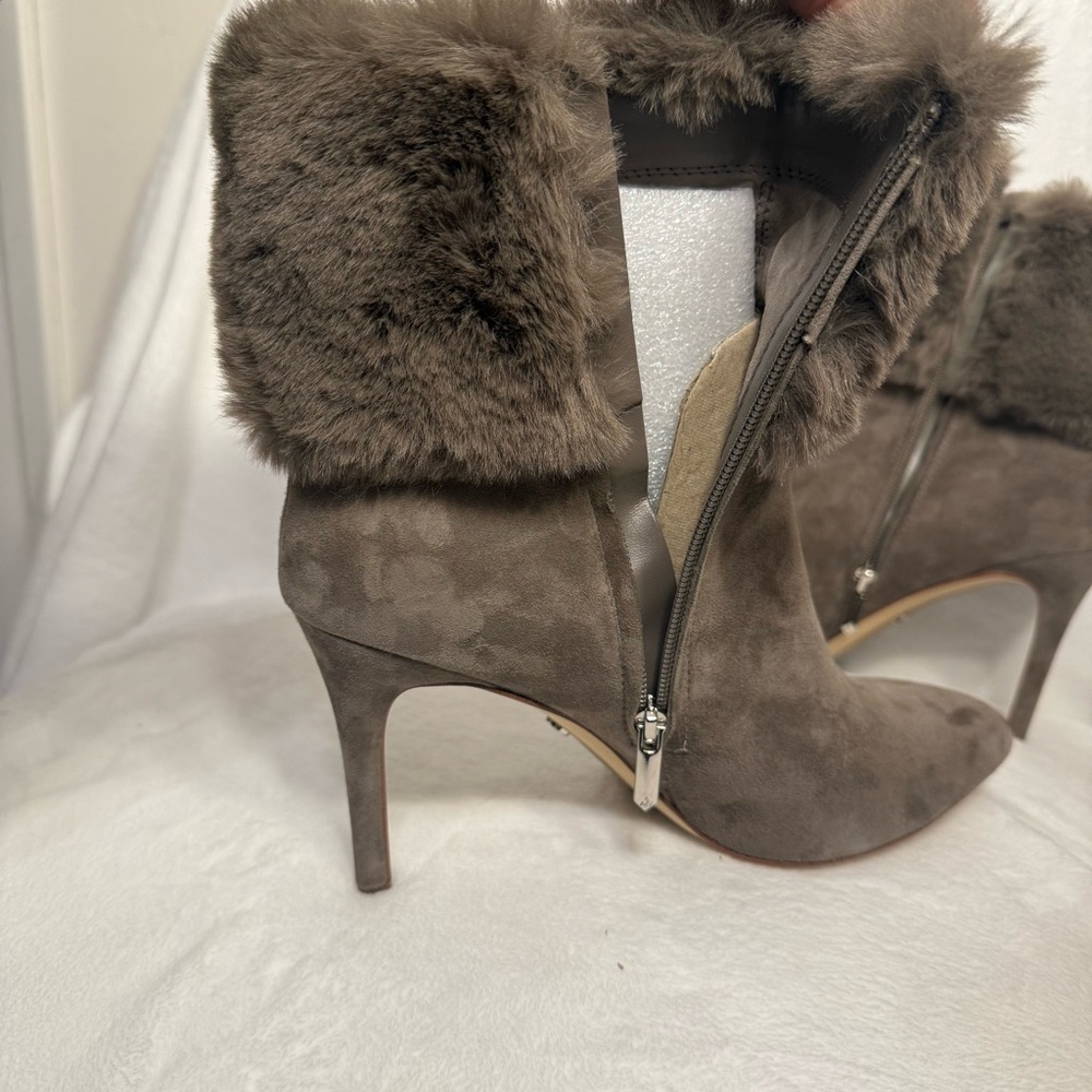 NIB Sam Edelman Oleana Suede Faux Fur Trim Stiletto Booties Flint Grey - Picture 11 of 13
